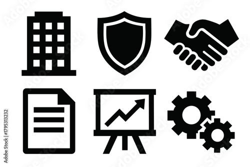 Corporate Trust Icons. Corporate trust building silhouette icons set: building, shield, handshake, document paper, chart board, gears.