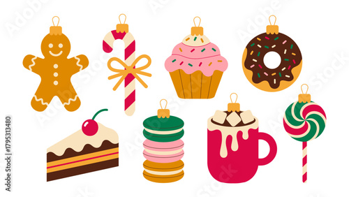 Festive Confectionery Delights: A collection of delightful, colorful Christmas ornaments shaped as classic treats. From gingerbread men to delectable cupcakes.