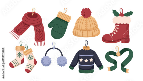 Cozy Winter Attire Collection: A delightful assortment of winter accessories, showcasing a warm knitted scarf, a comfortable mitten, a soft beanie, a cozy boot, a cute stocking, warm earmuffs.
