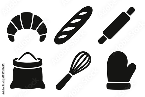 Brutalist Bakery Icons. Bakery Delights silhouette icons set: croissant, baguette, rolling pin, flour bag, whisk, oven mitt.