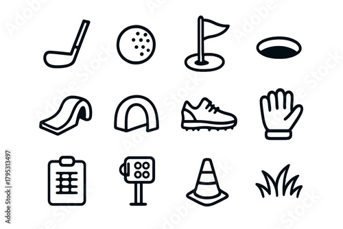 Mini Golf Essentials. Mini Golf Icons linear icons: club, ball, flag, hole, ramp, obstacle, shoe, glove, scorecard, light, cone, grass.