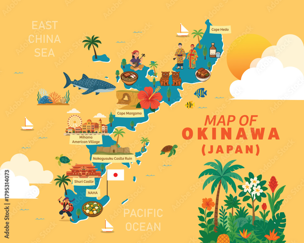 Obraz premium Okinawa Japan cartoon vector map with travel icons