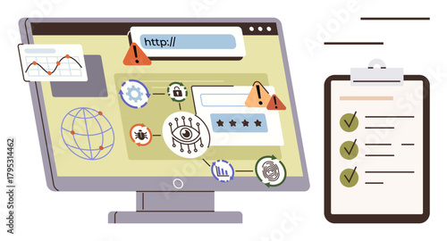 Computer screen highlighting malware, phishing, hacking alerts. Includes a checklist for protection. Ideal for security, IT, technology, online safety, risk management data privacy simple flat