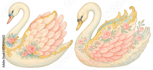 Fototapeta Naklejka Na Ścianę i Meble -  PNG Elegant swans with floral patterns, element set on transparent background