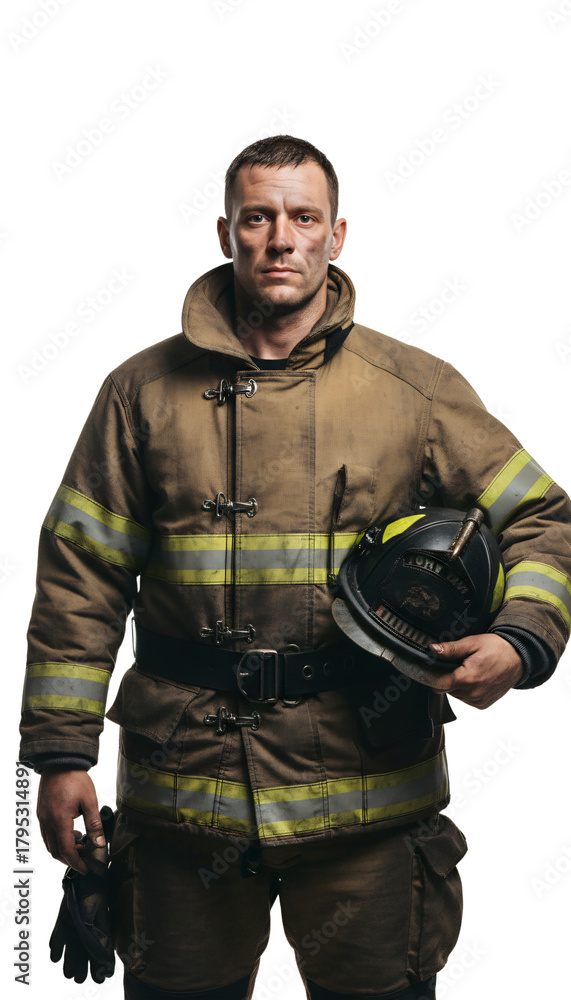 Fototapeta premium A tired but resolute firefighter helmet under his s arm soot smudges on his face