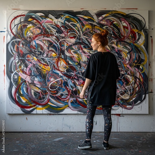 An artist stepping back to gaze at a massive abstract canvas (Creation)