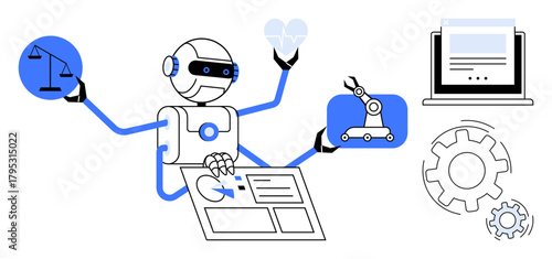Robot multitasking with balance scale, mechanical arm, gears, charts, laptop, and heart icon. Ideal for AI, robotics automation decision-making innovation workflow technology. Simple flat