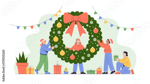 Festive Wreath Assembly: A joyful group of friends gathers to construct a vibrant wreath, embodying the warmth of the season and shared creativity.