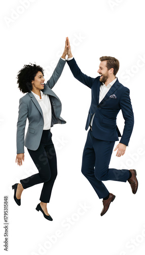 A team of two diverse colleagues giving a celebratory high five