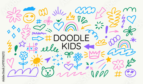 Vector collection of playful kids doodles in a fun hand-drawn sketch style for children’s designs, educational materials, birthday cards, posters, stickers, packaging, playful branding