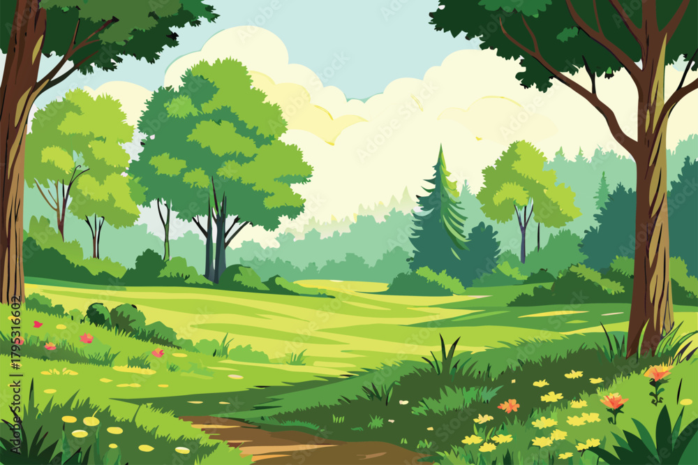 Fototapeta premium Lush forest landscape with sunlight and a winding path