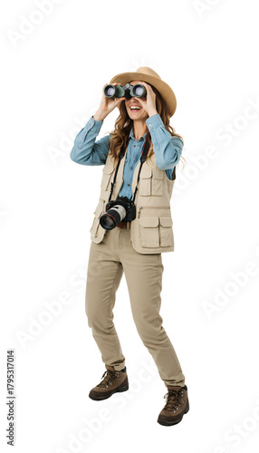 A female birdwatcher binoculars raised with an expression of pure delight