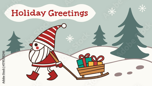 Holiday greetings christmas santa claus pulling gifts on a sled through the winter snow landscape scene