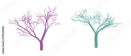 Two stylized trees in purple and teal on white background creating an abstract design