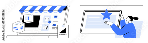Online shop interface with storefront awning, product images, and packages on screen. Customer selecting a star rating on a tablet. Ideal for e-commerce, feedback, digital retail, ratings, customer