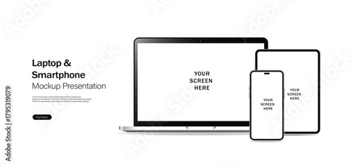 Premium Laptop, Smartphone, and Tablet Mockup Set — Realistic Front View Digital Device Vector Templates for UI/UX App Design, Responsive Website Presentation, and Modern Tech Product Showcase
