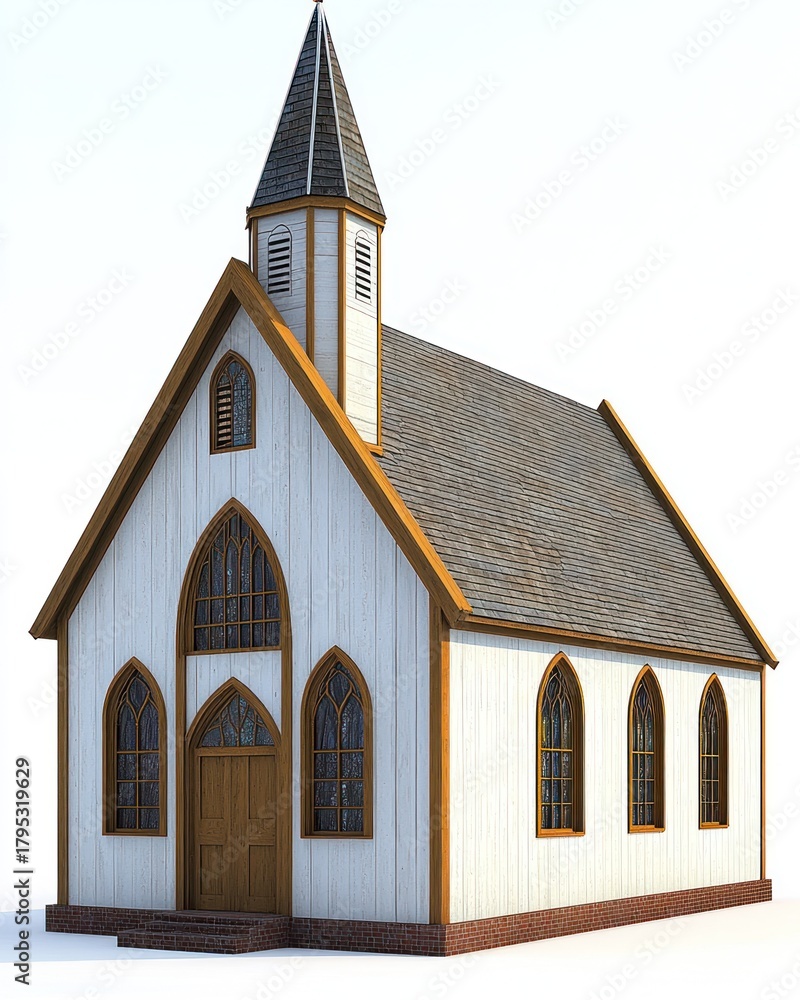Fototapeta premium Classic white wood church with steeple and gothic windows on bright surface