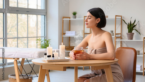 Relaxing After Bath: Woman In Towel Holding Hot Drink In Bathroom.