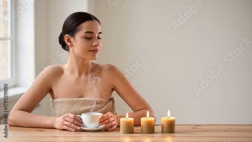 Relaxing After Bath: Woman In Towel Holding Hot Drink In Bathroom.