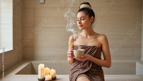 Relaxing After Bath: Woman In Towel Holding Hot Drink In Bathroom.