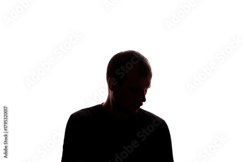 Sad man young unshaven business clothes silhouette - white background isolate