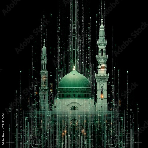 Futuristic Mosque with Digital Green Dome