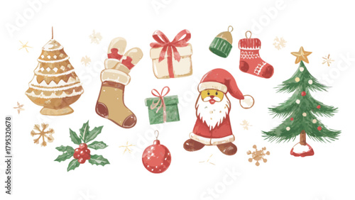 Watercolor christmas clip art set with santa tree gifts stocking and ornaments for holiday designs