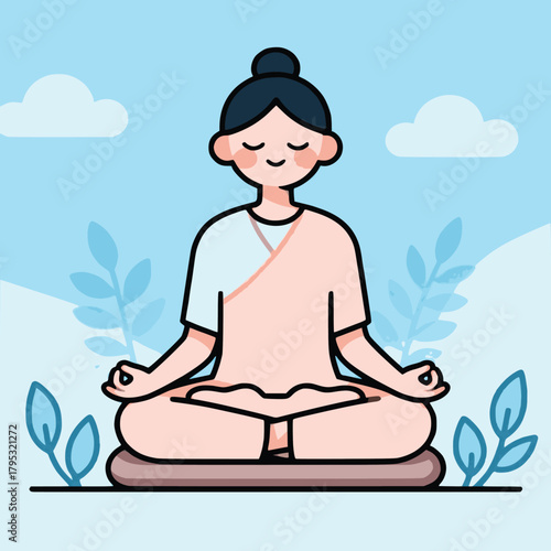 Wallpaper Mural Woman Meditating in Lotus Position with Cloud Background, Mental Health Concept Torontodigital.ca