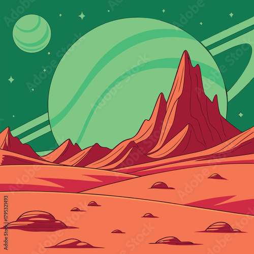 Illustration of a red alien landscape with mountains and a green ringed planet in the background sky