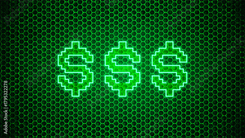 Neon dollar sign on futuristic hexagon tech background. Bright 3D finance and money Concept. Vector illustration 