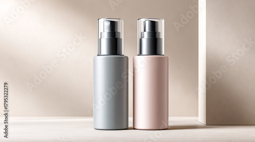 Minimalistische, helle Produkt-Szenen mit klaren Mockups für kosmetische Flaschen, Pumpspender, Tiegel und Tropfer. Sanftes Tageslicht, natürliche Materialien und ruhige Oberflächen