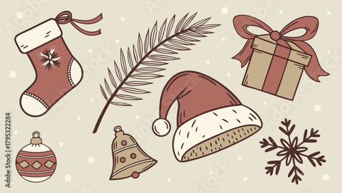 Christmas holiday season vector illustration with santa hat gift bell stocking and ornament design elements