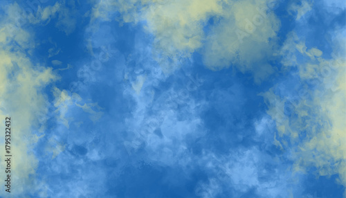 Sky blue backdrop featuring soft focus, natural cumulus cloud formations and atmospheric effects. Vibrant blue sky with soft, billowing white and yellow-tinged clouds.