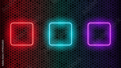 Neon square frame set. Glow led box. Geometric fluorescent outline. The concept of a banner template. Vector illustration