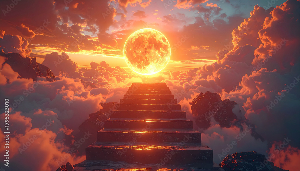 Fototapeta premium 雲の上へと続く階段の先に輝く太陽が浮かぶ幻想的な風景。希望や挑戦、未来への道を象徴するような力強く美しいコンセプトアート。