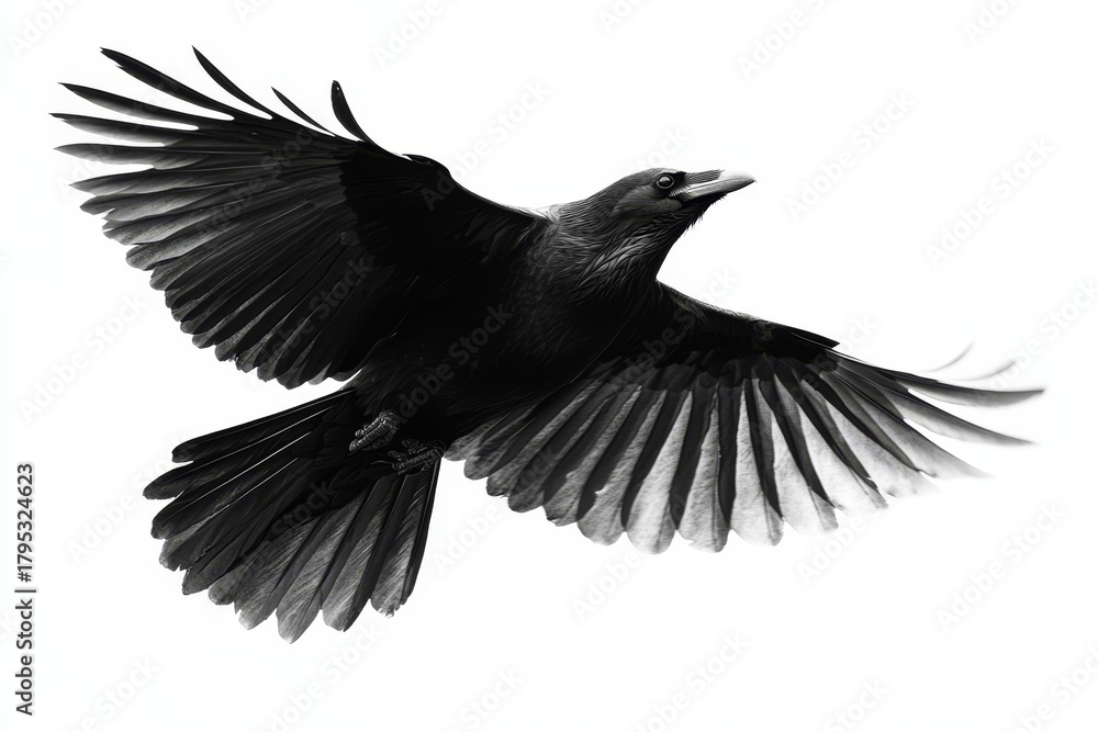 Fototapeta premium A black crow soars through the sky wings spread wide in a graceful dynamic flight.