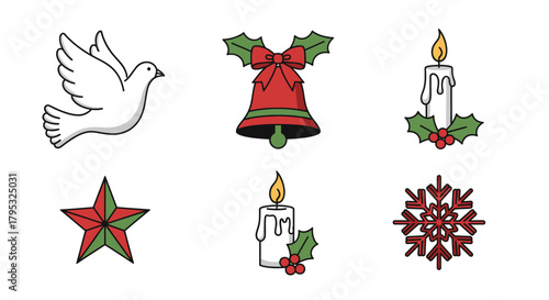 Christmas icons dove, bell, candle, star, snowflake, and holly berries
