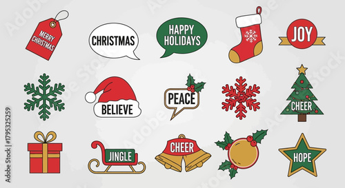 A festive collection of Christmas holiday line art icons and labels. Vector graphic set featuring seasonal greetings, symbols, and decorative elements for winter