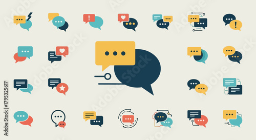 Set of colorful speech bubble icons illustrating communication, dialog, and conversation topics