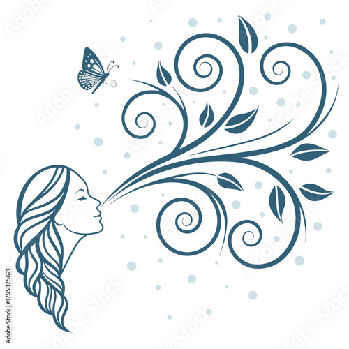 Woman blowing floral design with butterfly vector