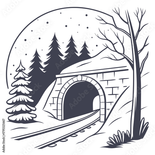 Winter tunnel illustration with trees around it