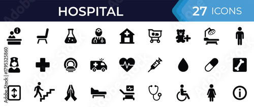 Hospital signage glyph icon set. Vector pictograms of clinic, nurse, doctor, pharmacy, medicine, vaccine, syringe, patient, ward, surgery, radiology, and MRI black silhouette illustration