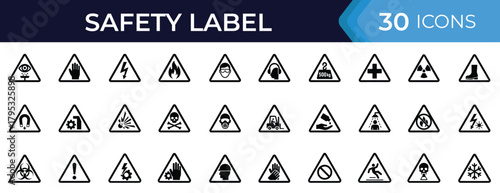 Industrial safety label icon set. Vector glyph symbols of voltage, fire, explosion, toxic, chemical, radiation, laser, magnet, hazard black silhouette illustration