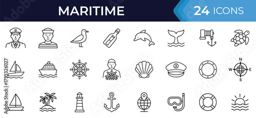 Maritime and nautical glyph icon set. Vector symbols of ships, anchor, compass, lighthouse, marine animals, ocean waves, sailing and sea travel in black silhouette style