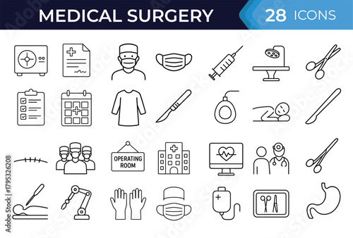 Surgical procedure line icon set. Vector symbols of operation tools, incision, sutures, laparoscopy, robotic assist, anesthesia, injection, patient care, equipment, thin linear illustration