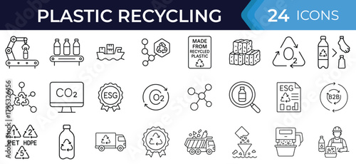 Plastic recycling line icon set. Vector symbols of waste sorting, processing, reuse, energy recovery, sustainability, transport, factory, and environmental cycle thin linear illustration