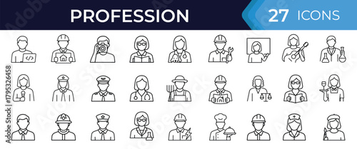 Profession line icon set. Vector symbols of job roles, worker avatars, careers, medical, technical, service, creative occupations thin linear illustration
