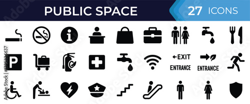 Public area wayfinding glyph icon set. Vector symbols of navigation, emergency aid, facilities, escalator, elevator, stairs, amenities, safety black silhouette illustration