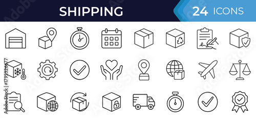 Shipping fulfillment line icon set. Vector symbols of delivery, logistics, parcel, warehouse, tracking, pickup, schedule thin linear illustration