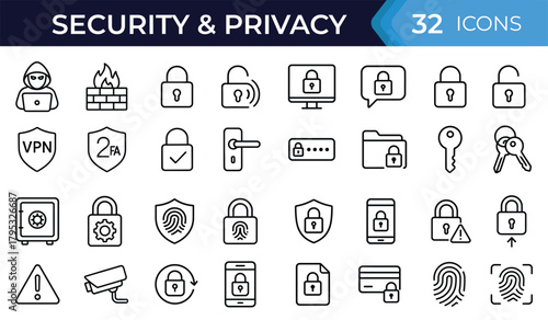 Security and privacy glyph icon set. Vector symbols of lock, key, shield, fingerprint, access, protection, cybersecurity black silhouette illustration